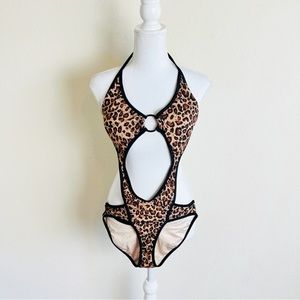 Leopard Print Halter Neck O-Ring Cutout Monokini Bodysuit